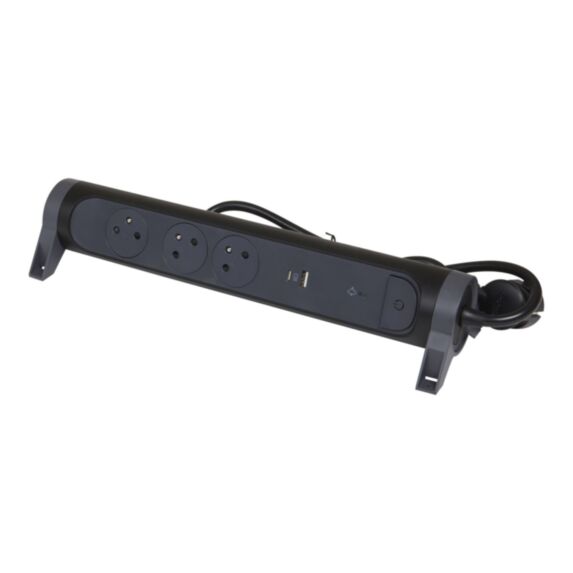 Multiprise 3 prises 2P+T Interrupteur Cordon 1,5m Parafoudre + USB A+C Noir