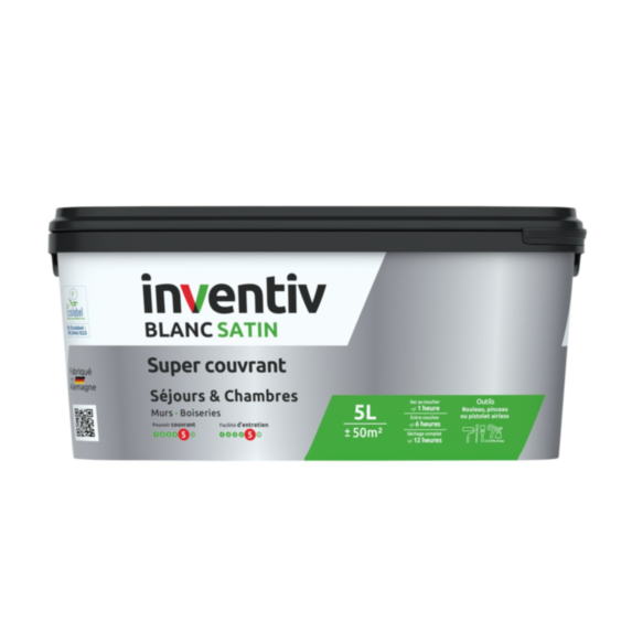Peinture murs/plafonds acrylique blanc satin 5L - INVENTIV