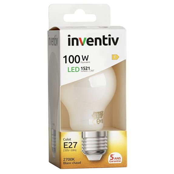 Ampoule Filament LED A60 Opaque E27 1521Lm 100W 2700K Blanc chaud - INVENTIV
