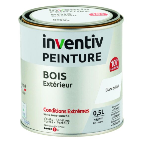 Peinture Extérieure Bois 10 ans Blanc Brillant 0,5L - INVENTIV