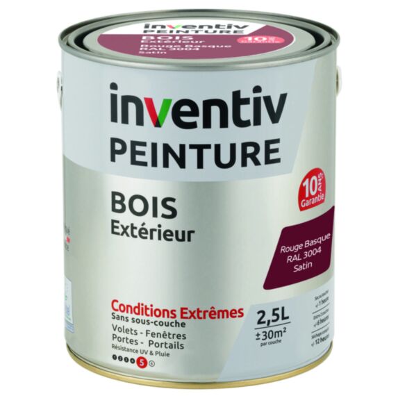 Peinture Extérieure Bois 10 ans Rouge Basque Satin 2,5L - INVENTIV