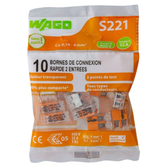 10 bornes de connexion rapide 2 entrées S221 - WAGO