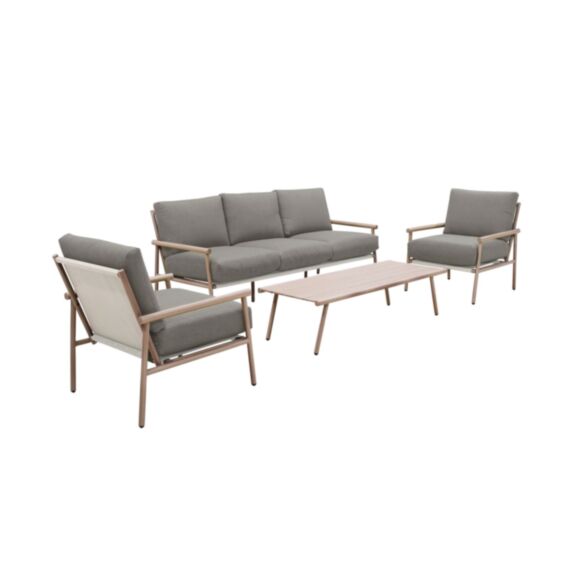 Salon de jardin bas 5 pers. Neo alu décor bois + coussins